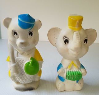 Vintage Squeaky Toy Baseball Bear & Concertina Elephant 12cm Taiwan Pair