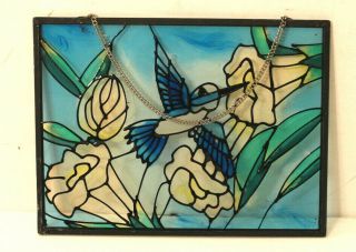 Vintage Stained Glass Sun Catcher Hummingbird Flowers 8x6 " Blue Window Hanging