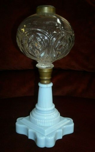Vintage 12 " Pressed Pattern Glass Oil Lamp,  Htf Blue Milk Glass Base