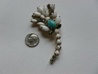 Vintage Weiss Milk Glass Blue Green Rhinestone Cabachon Flower Brooch Pin