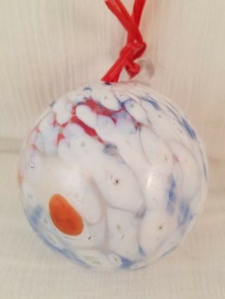 Vintage Hand Blown Art Glass Ball Ornament Orb 2 3/4” In White Blue And Red 3