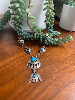 Vintage Navajo Sterling Silver & Turquoise Old Pawn Bear Paw Shadowbox Necklace