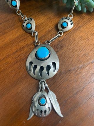 Vintage Navajo Sterling Silver & Turquoise Old Pawn Bear Paw Shadowbox Necklace 2