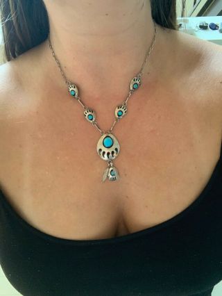 Vintage Navajo Sterling Silver & Turquoise Old Pawn Bear Paw Shadowbox Necklace 4