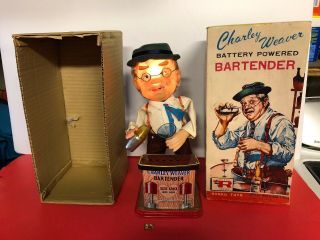 Vintage 1962 Rosko Toys Battery Operated Charley Weaver Bartender Tin Toy