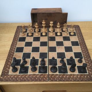 Vintage 1940’s Boxed Wooden Chess Set With Leather Faced Folding Board