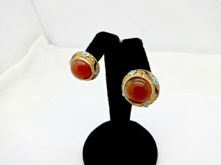 Vintage Chinese Enameled Gilt Sterling Silver Carnelian Cab Clip On Earrings