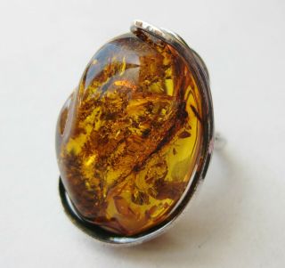 Huge Vintage Sterling Silver Baltic Honey Amber Mid Century Modernist Ring