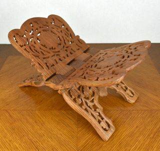 Vintage Hand Carved Wood Folding Book Holder Bible Koran Stand Made In India