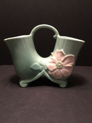 Vintage Weller Art Pottery Matte Green Wild Rose Double Vase 8 "