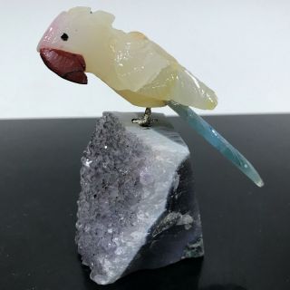 Vtg Carved Stone Crystal Quartz Geode Parrot Bird Art Statue Figurine Sculpture
