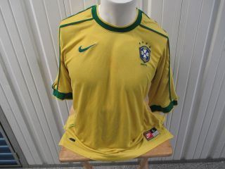 Vintage Nike Brazil National Football Team Large Sewn Yellow Jersey 1998 Kit