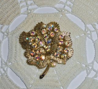 Vintage Bsk Signed Ab Glass Rhinestone Flower Brooch Pin Gold Tone