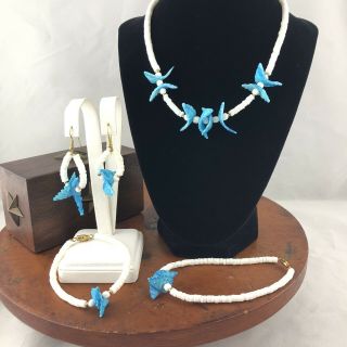 Vtg Puka Shell Necklace Earring Bracelet Anklet Set Turquoise Shell