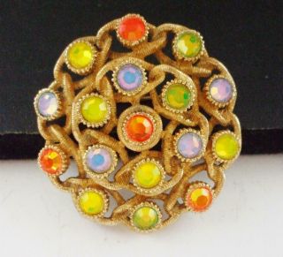 Lovely Vintage Sarah Coventry Flower Pin Brooch W/colorful Glowing Rhinestones