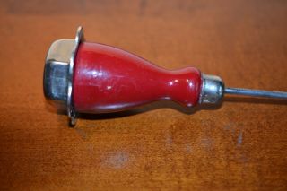 Vintage Ice Pick Red Enamel Turned Wood Handle Stainless Pick Hand End Cap Solid