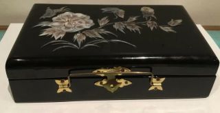 Vintage Oriental Black Lacquered & Mother Pearl Jewellery Box