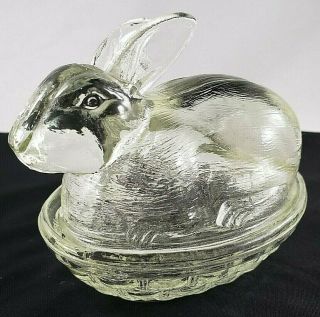 Vintage Bunny Rabbit Dish Clear Glass Covered On A Nest 2 Piece Trinket Candy