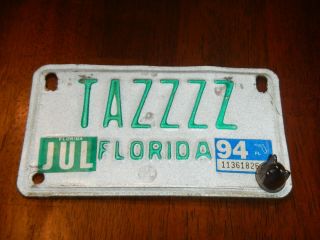 Vintage Tazzzz Florida Motorcycle License Plate Tag 1994 Biker