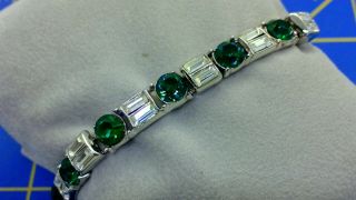 Vintage Signed Trifari Baguette Rhinestone Green Stone Bracelet