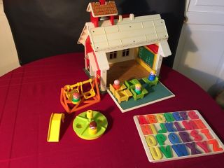 Vintage Fisher Price Little People Play Family School House With Wrapped Magnets