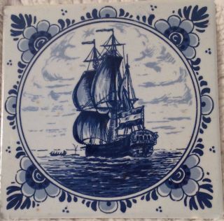 Delft Blue Tile Trivet Holland Ceramic Dutch Sailing Ship Vintage
