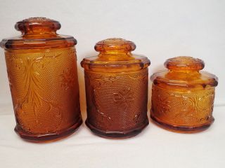 Vintage Indiana Glass Amber Daisy Tiara Sandwich Glass (3) Canister Set Or15