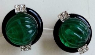 Kenneth J Lane Vintage Earrings Art Deco Rhinestone & Green Cabochons