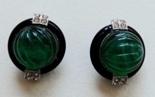 KENNETH J LANE Vintage Earrings Art Deco Rhinestone & Green Cabochons 2