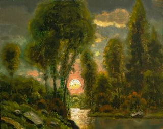 Oil Painting Landscape Vintage Clouds Art Signed Impressionist Sunset Max Cole