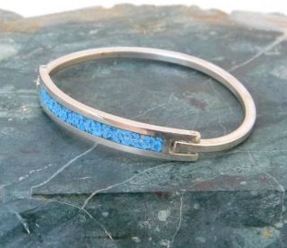 Mexican Alpaca Silver Vintage Bracelet 6 - 3/8 " Crushed Turquoise Inlay Hinged S40