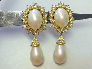 Vintage Christian Dior Couture Gold Faux Pearl Rhinestone Runway Dangle Earrings