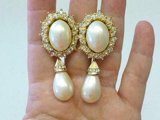 Vintage ChristIan Dior COUTURE GOLD Faux PEARL Rhinestone RUNWAY Dangle Earrings 2