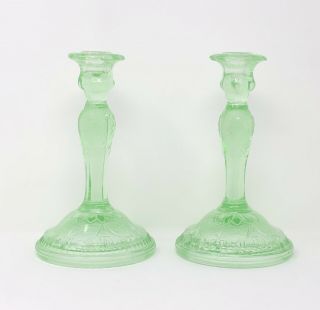 2 Chantilly Green Candle Stick Holders Tiara Exclusives Indiana Glass Vintage