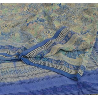 Sanskriti Vintage Blue Saree 100 Pure Crepe Silk Printed Fabric 5 Yd Craft Sari
