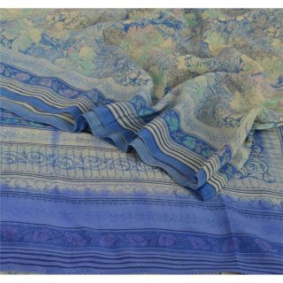 Sanskriti Vintage Blue Saree 100 Pure Crepe Silk Printed Fabric 5 Yd Craft Sari 2