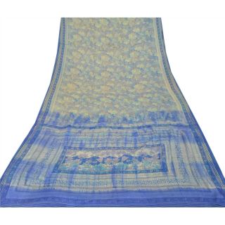 Sanskriti Vintage Blue Saree 100 Pure Crepe Silk Printed Fabric 5 Yd Craft Sari 3