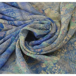 Sanskriti Vintage Blue Saree 100 Pure Crepe Silk Printed Fabric 5 Yd Craft Sari 4