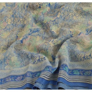 Sanskriti Vintage Blue Saree 100 Pure Crepe Silk Printed Fabric 5 Yd Craft Sari 5