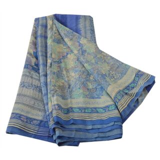 Sanskriti Vintage Blue Saree 100 Pure Crepe Silk Printed Fabric 5 Yd Craft Sari 6