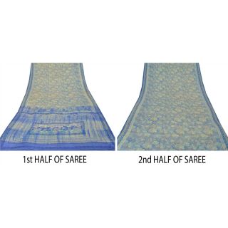 Sanskriti Vintage Blue Saree 100 Pure Crepe Silk Printed Fabric 5 Yd Craft Sari 7