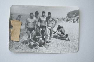 Shirtless handsome young men hug bulge beach swimm trunks gay int vintage photo 2