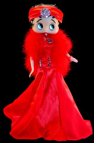 Vintage Plastic Betty Boop Fashion Doll Red Flapper Dress Headdress W Stand Usa