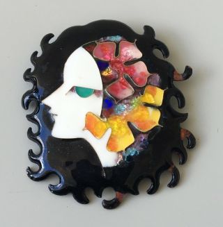 Vtg Artistic Handmade Hand Painted Lady Face Pin Brooch In Enamel On Metal
