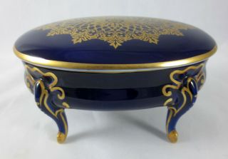 Vtg Rosenthal Germany Cobalt Blue & Gold " Lace " 4 - Legged Porcelain Trinket Box