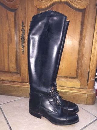 Vintage Dehner Black Tall Riding Boots Laces Omaha 11” Heel To Toe