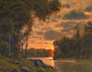 Oil Painting Landscape Vintage Wall Art Signed Impressionist Sunset Max Cole