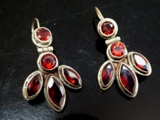 Vintage Sterling Silver 925 Faceted Red Garnet Gemstone Hinged Marquis Earrings
