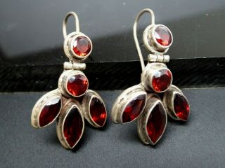 Vintage Sterling Silver 925 Faceted Red Garnet Gemstone Hinged Marquis Earrings 3