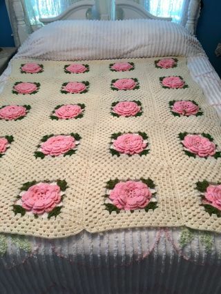 Vtg Handmade Granny Crochet Blanket Afghan 3d Pink Roses 57x47